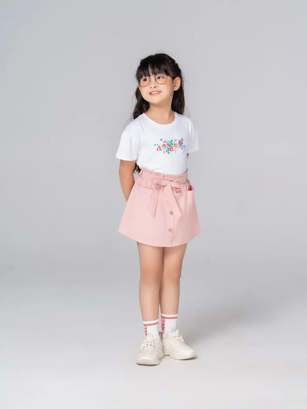 Chân váy kid nhỏ A túi vuông đai nơ - Hồng - 6