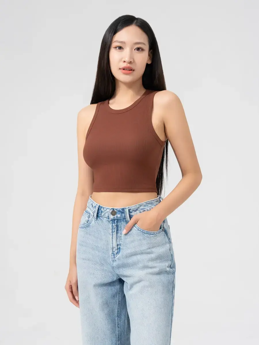 Áo 3 Lỗ Nữ Thun Rib Tăm Nhỏ Dáng Ngắn - Nâu - S