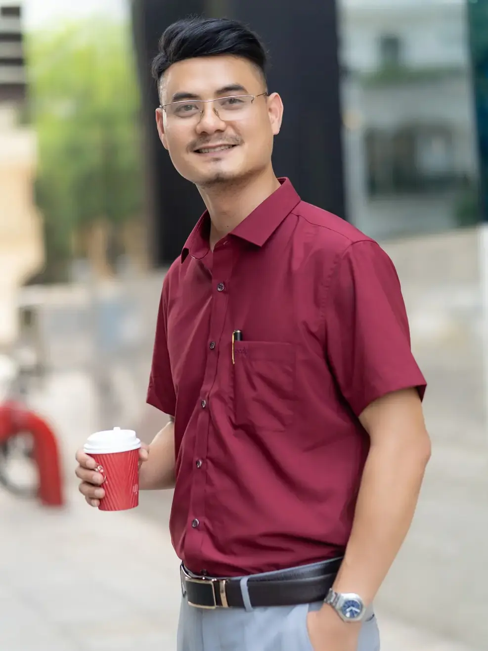 Sơ mi nến cộc tay slim có túi - Đỏ đô - M