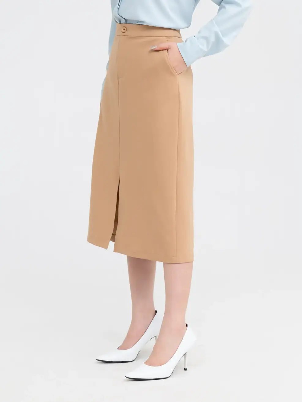 Chân Váy Nữ Đứng Xẻ Trước - Be - S