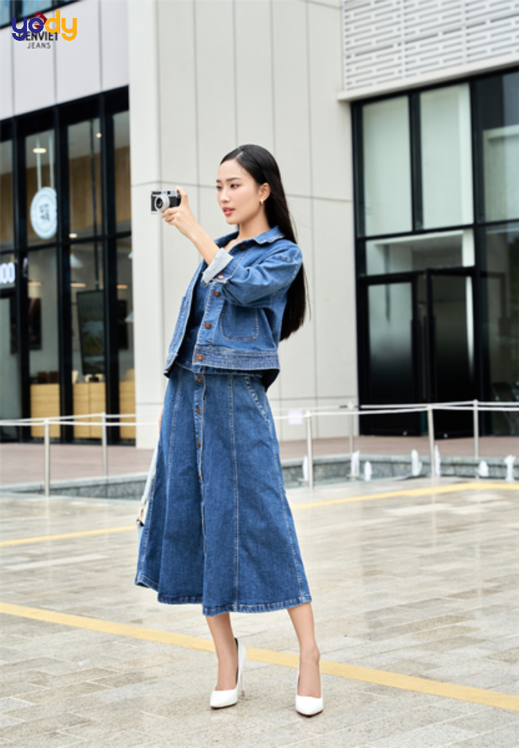 Phối chân váy xòe dài với áo sơ mi denim