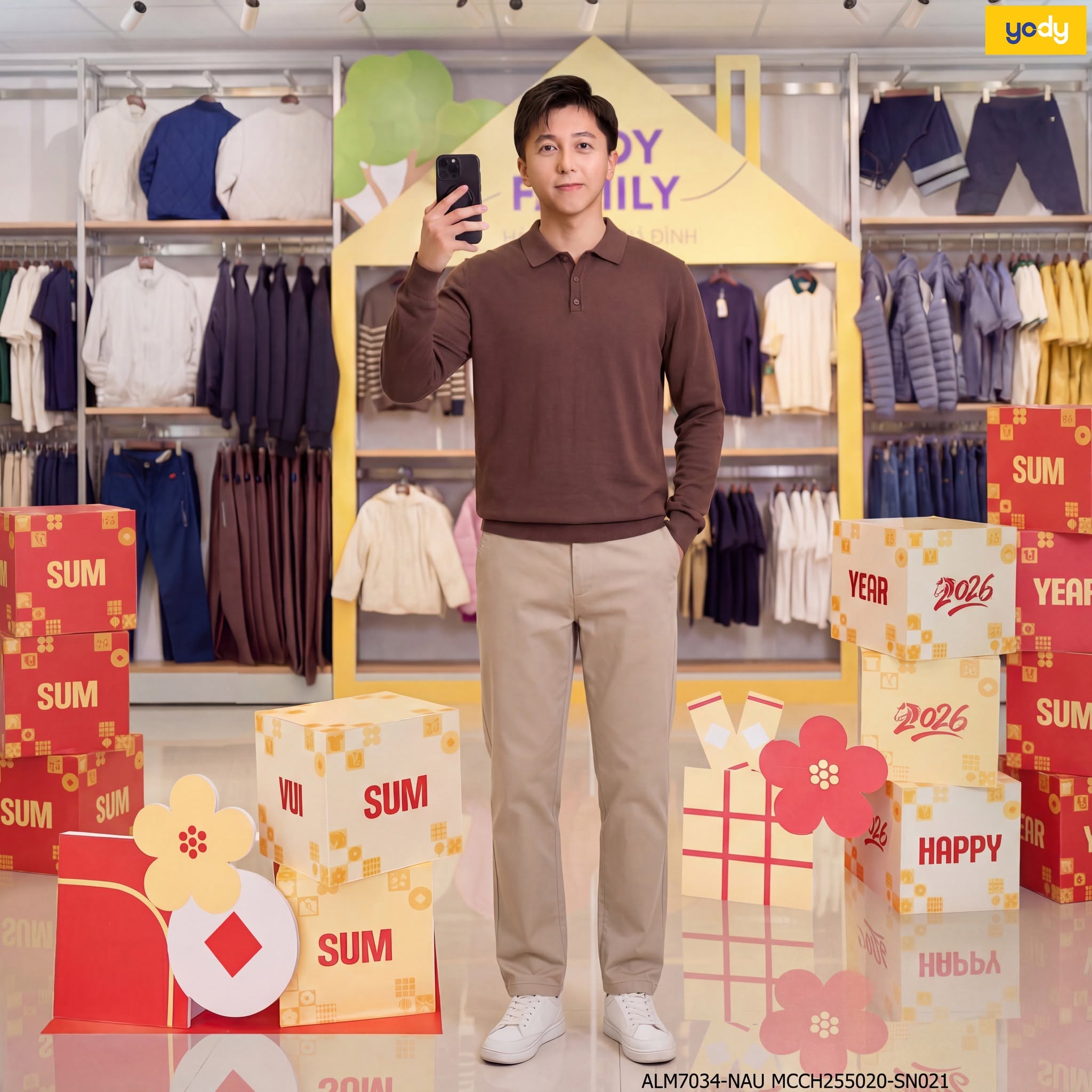 Outfit áo polo dài tay với quần âu