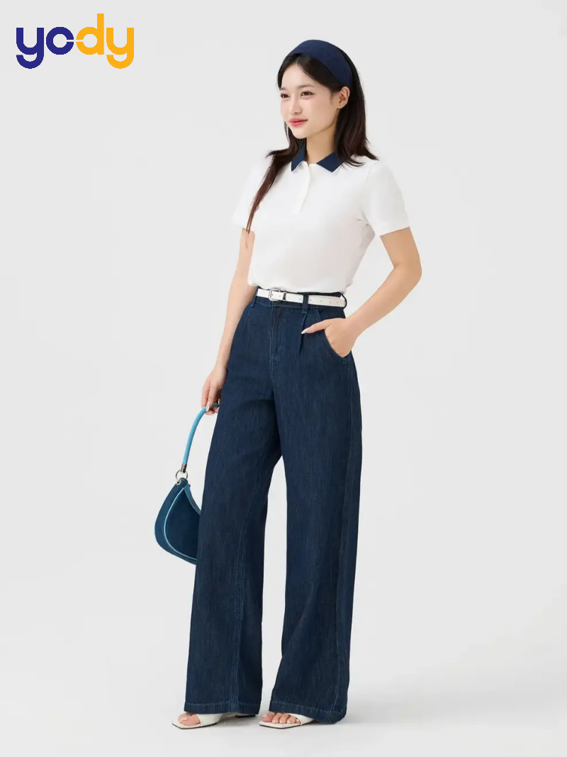 Áo polo phối với quần tây ống rộng
