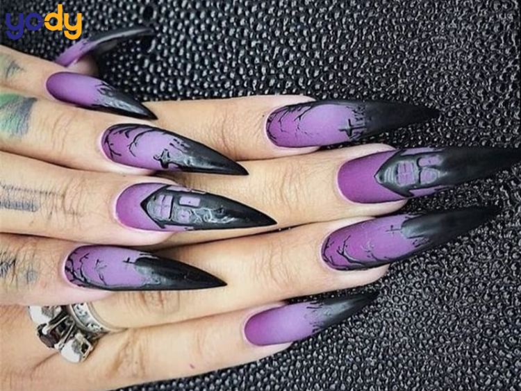 Nail Halloween màu tím huyền bí