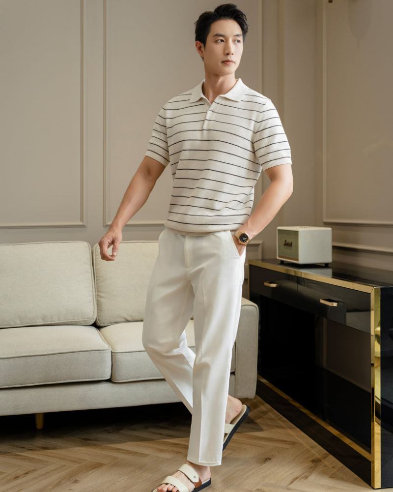 Áo polo nam phối với quần linen