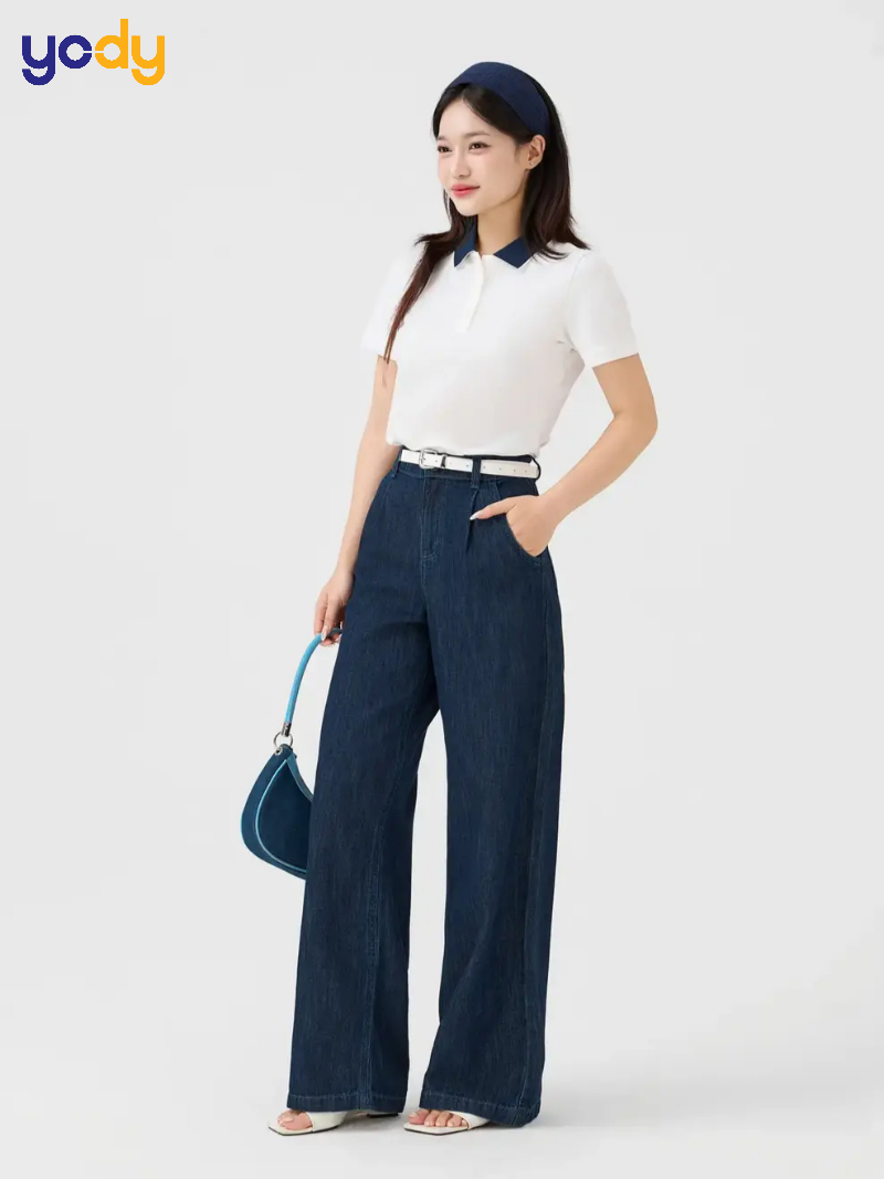 Áo polo phối quần jeans