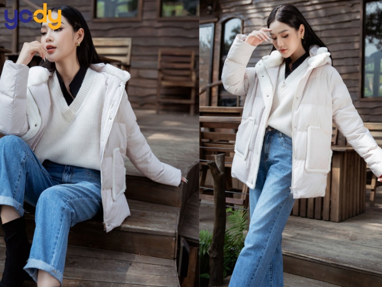 Áo khoác phao với quần jeans baggy