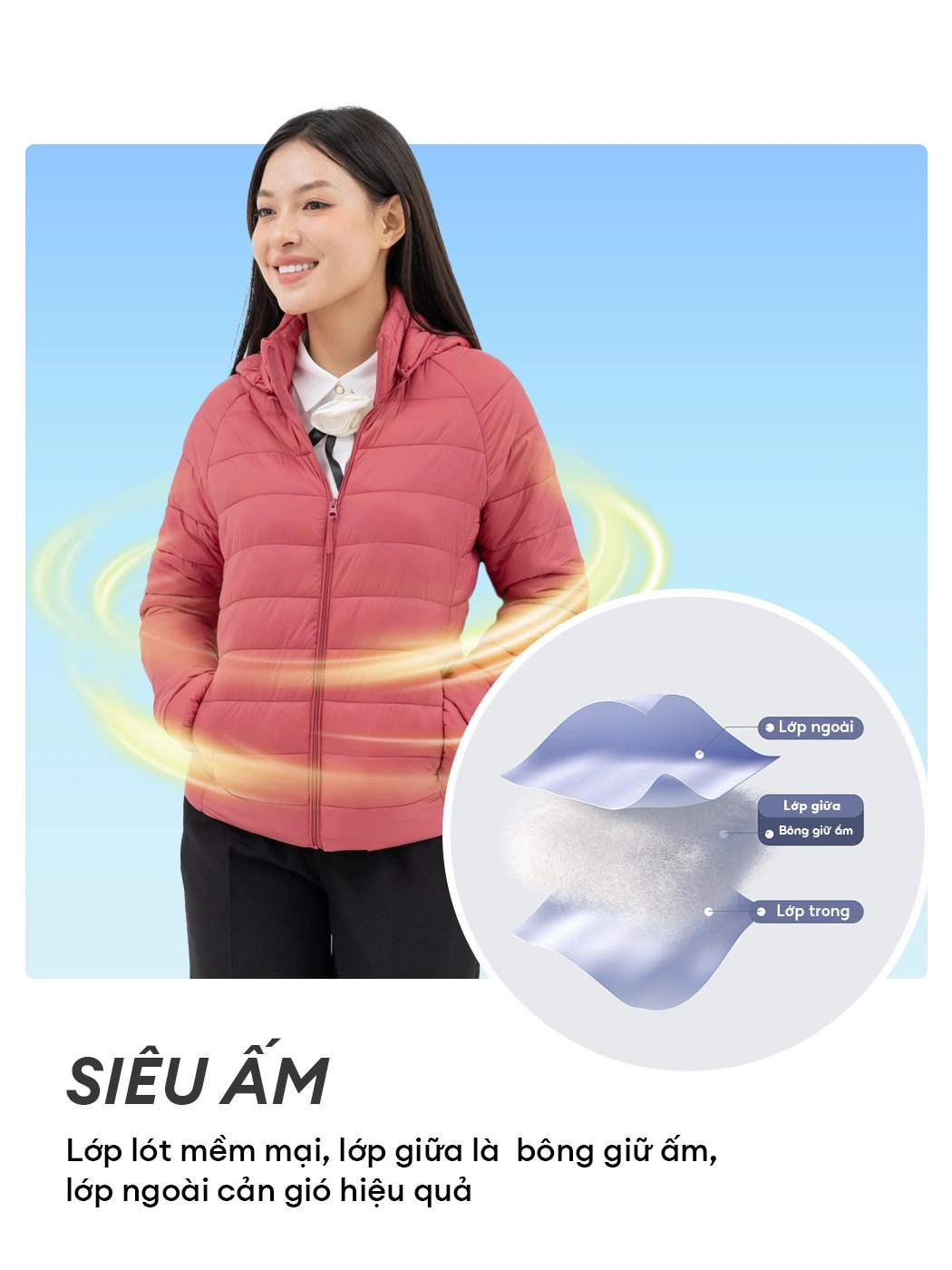 Áo phao 3S siêu nhẹ chần bông với thiết kế giúp giữ ấm