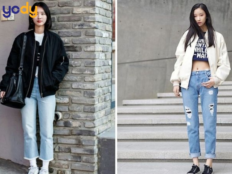 Phối áo bomber với quần baggy jean