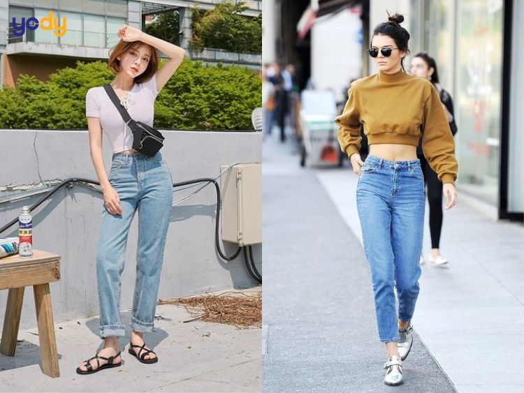 Quần baggy jean với áo thun croptop