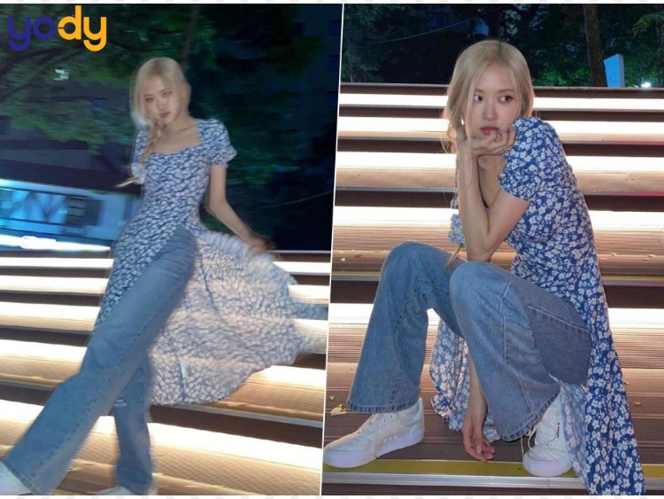 Quần baggy jean nữ phối với đầm dài xẻ tà