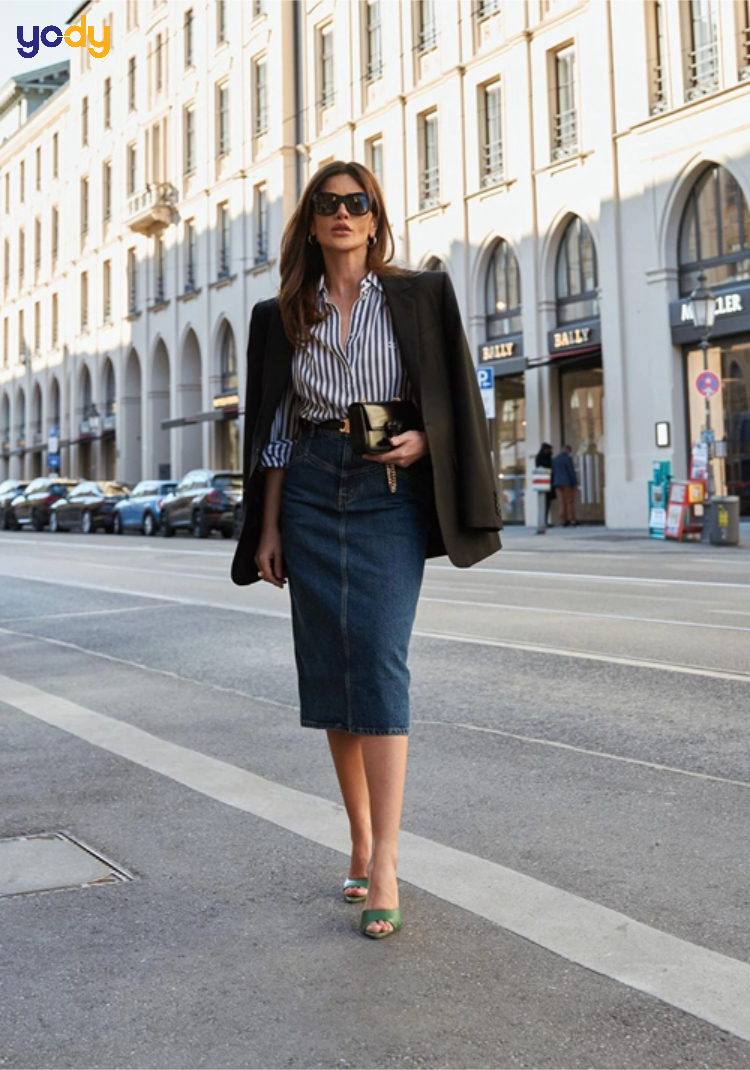 Chân váy jean phối với áo blazer thanh lịch