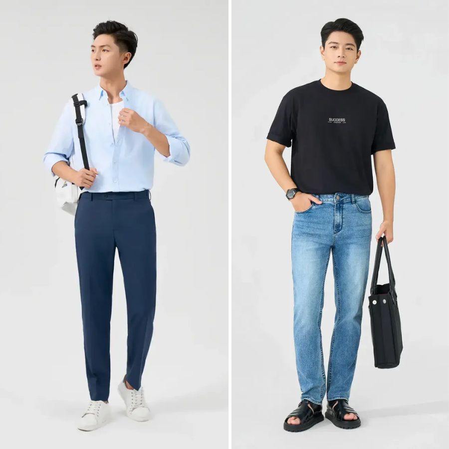 Quần âu nam ống đứng và quần jeans nam regular indigo tại Yody