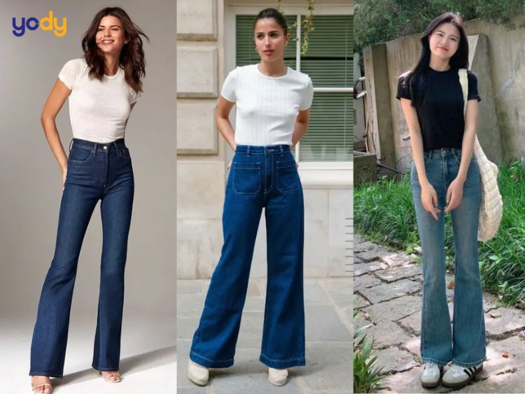 Quần jean ống loe với áo thun sơ vin