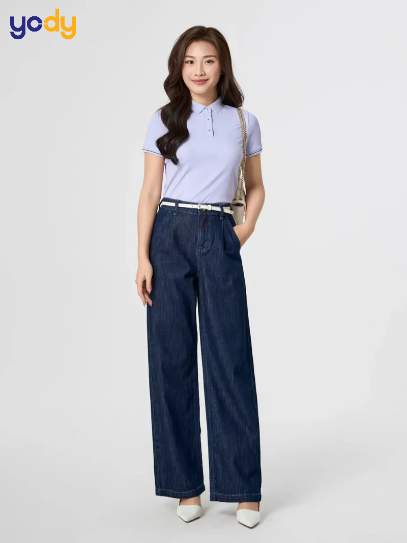 Mặc áo polo nữ cùng quần ống rộng