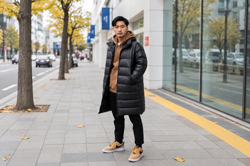Phối áo phao nam dáng dài style công sở, lịch lãm