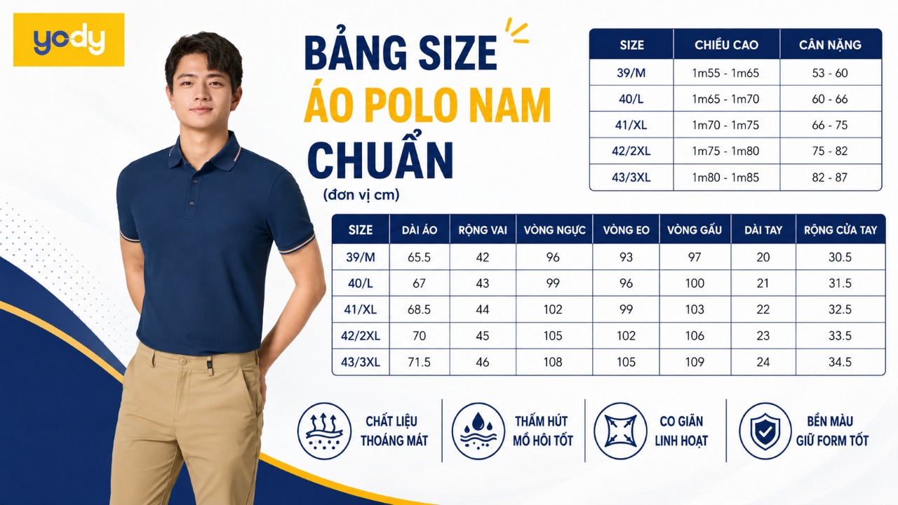 Bảng size áo polo nam chuẩn: Cách chọn size vừa vặn từ chuyên gia