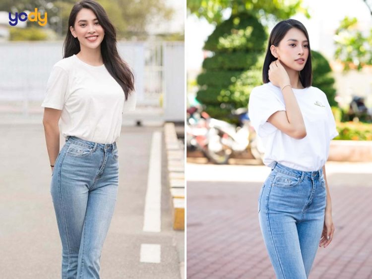 Quần jean cạp cao với áo thun sơ vin hoặc croptop
