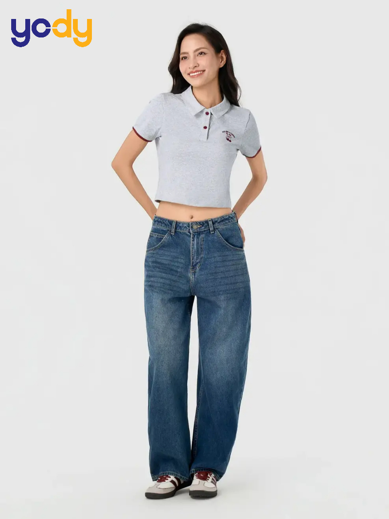 Áo Polo Nữ Crop Top Thêu Cherry
