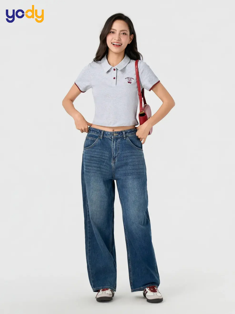 Áo Polo Nữ Croptop Thêu Cherry