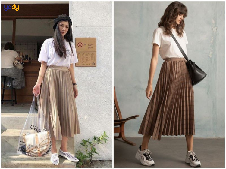 Mix chân váy xếp ly dài với áo phông đơn giản