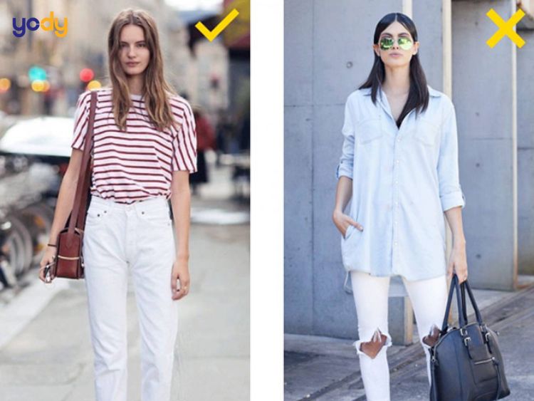 Quần jean màu sáng với áo thun họa tiết