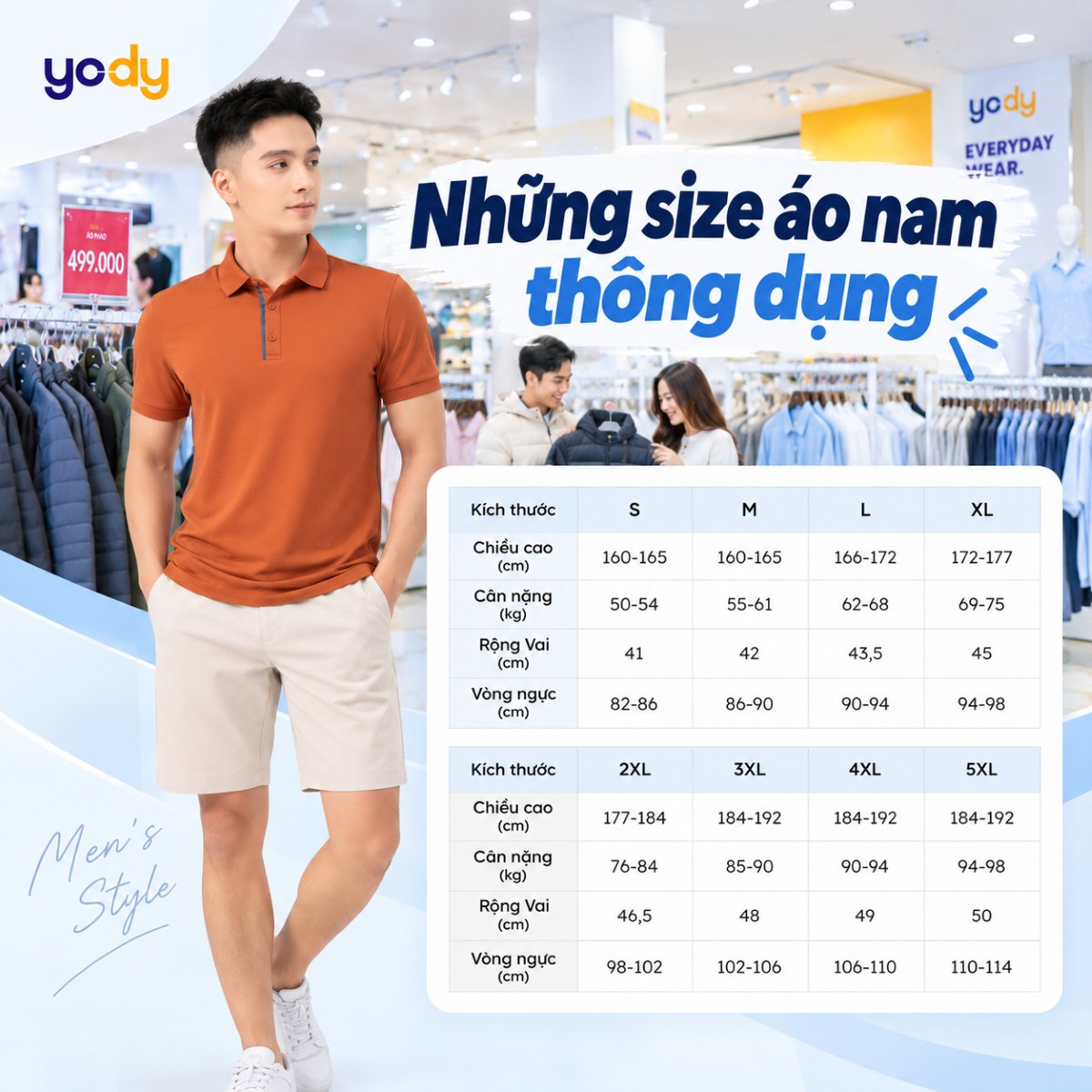 Những size áo nam thông dụng