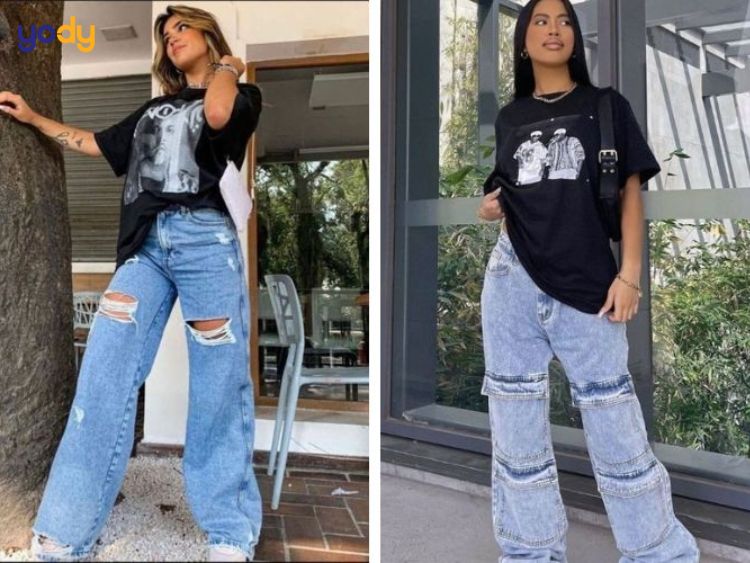 Quần jean rách với áo thun oversize
