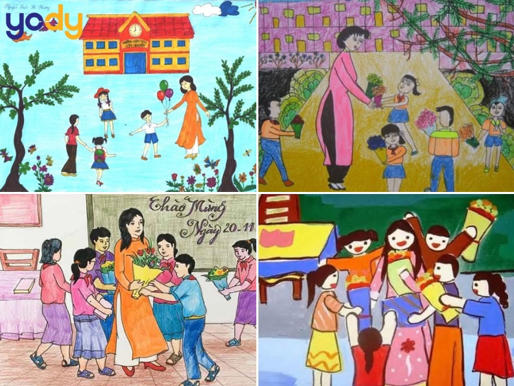 Tranh vẽ 20/11 cả lớp cùng thầy cô vui đùa 2